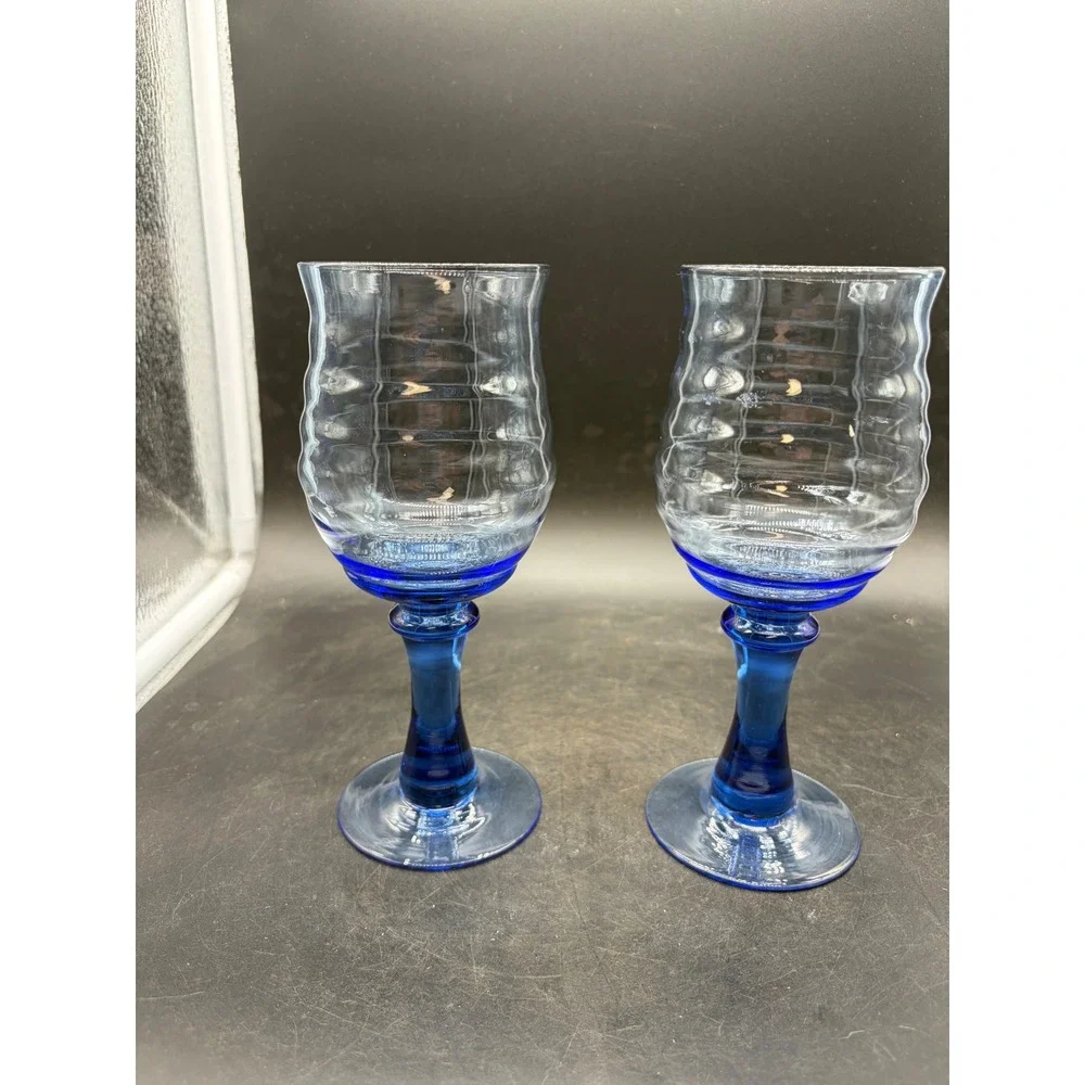 Blue Glass Wine Goblets Set of 2 Ribbed Bowl Cobalt Stem Two Tone Stemware 7.75